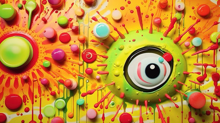 Conceptual abstract picture of the eye. Surreal painting in colorful colors. Psychedelic bright world. Generative AI illustration for cover, card, interior design, decor, packaging, invitations, printの素材