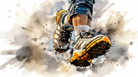 Close up view of runner sport shoes. Marathon runner. Feet in running sneaker shoes. People activity. Generative AI. Illustration for print, poster, cover or brochure.の素材