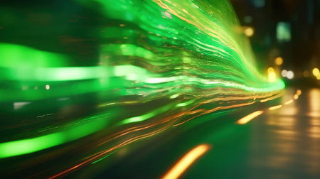 Road with light trails of passing vehicles. Motion speed light in the city. dynamic background. Town at night with speed traffic. Generative AI. Illustration for banner, poster, cover or presentation.の素材