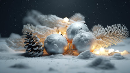 Glossy glass christmas christmastree ball hanging from top upright. Christmas tree branches with ornaments. Generative AI. Illustration for banner, poster, cover, brochure, card or presentation.の素材