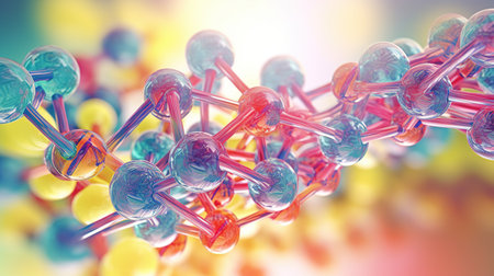 Complex molecular structure with spherical particles. Futuristic technology style. Generative AI. Illustration for banner, poster, cover, brochure or presentation.の素材