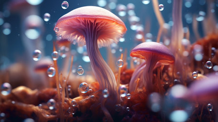 Magical mysterious mushrooms. Growing microorganisms. Generative AI. Illustration for banner, poster, cover, brochure or presentation.の素材