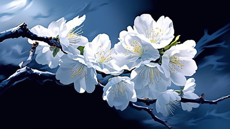 Realistic fruit tree branch with spring flowers. Beautiful flowering apple tree in spring day. Generative AI. Illustration for cover, card, postcard, brochure, advertising or presentation.の素材