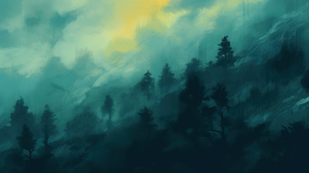 Mountains in the fog in a beautiful early morning. Landscape with mountain valley, low clouds and forest. Generative AI. Illustration for banner, poster, cover, brochure or presentation.の素材