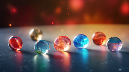 Various glass marbles. Abstract crystalline balls of hydrogel for the background. Beads. Generative AI. Illustration for brochure, cover, poster, presentation or banner.の素材