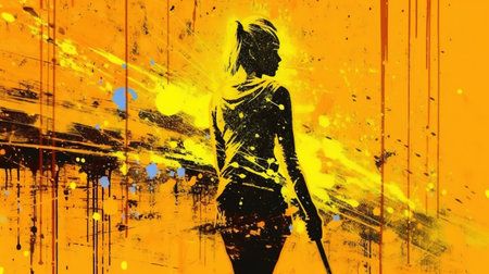 Back view of young woman with a stick in her hand. Abstract spot graffiti. Generative AI. Illustration for cover, card, postcard, interior design, decor, packaging, invitations or print.の素材