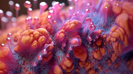 Fantastic abstract alien organic tissue. Microbiology research. Generative AI. Illustration for banner, poster, cover, brochure or presentation.の素材