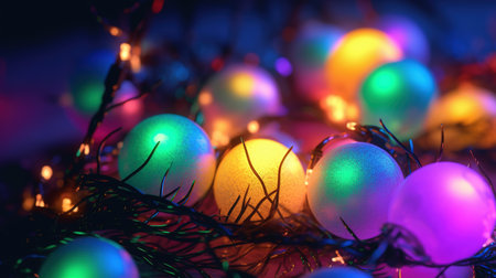 Glossy glass christmas christmastree ball hanging from top upright. Christmas tree branches with ornaments. Generative AI. Illustration for banner, poster, cover, brochure, card or presentation.の素材