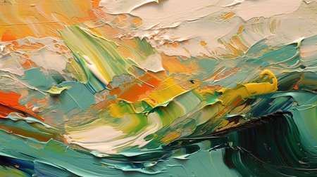 Original acrylic or oil painting background made with paint strokes. Interior painting. Mixed paints with gradient vivid colors. Generative AI. Illustration for cover, brochure or presentation.の素材
