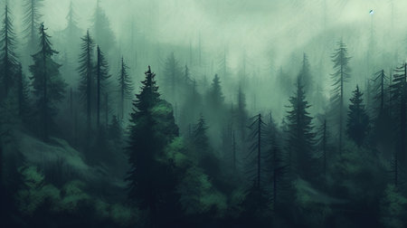 Mountains in the fog in a beautiful early morning. Landscape with mountain valley, low clouds and forest. Generative AI. Illustration for banner, poster, cover, brochure or presentation.の素材
