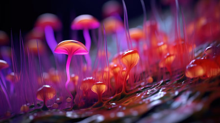 Magical mysterious mushrooms. Growing microorganisms. Generative AI. Illustration for banner, poster, cover, brochure or presentation.の素材