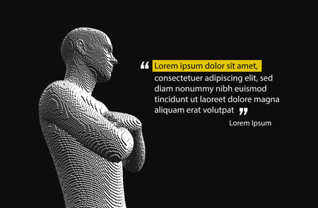 Man crossing his arms over his chest. Text in brackets. Cover design template. Voxel art. 3D vector illustration for presentation.のイラスト素材