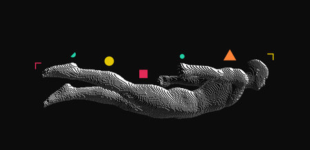 Man is flying or falling in the air. Voxel art illustration. Virtual reality simulator for game industry. Vector.のイラスト素材