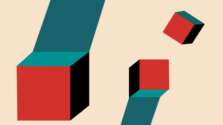 Floating Red and Teal Cubes with Diagonal Stripes