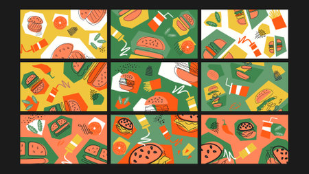 Burger and Fast Food Doodle Background Set