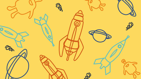Dynamic scene of colorful rockets, planets, and swirling galaxies on a bright yellow background. Designed for energetic space visuals and educational uses.のイラスト素材