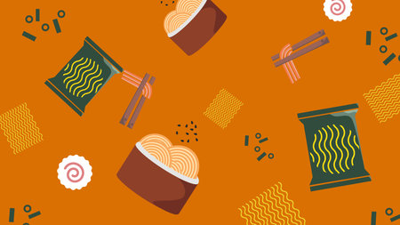 Orange ramen-themed illustration with noodle bowls, packets, and chopsticks arranged in a bold and energetic layout for food creators.のイラスト素材