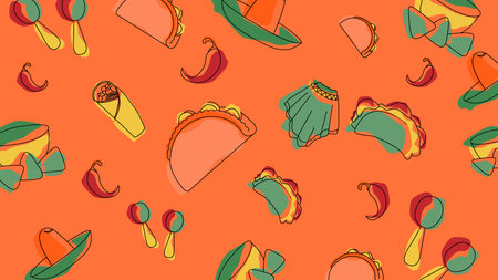 Playful fiesta scene with tacos, burritos, peppers, hats, skirts, and maracas on a vibrant red-orange backdrop for festive or culinary content.のイラスト素材