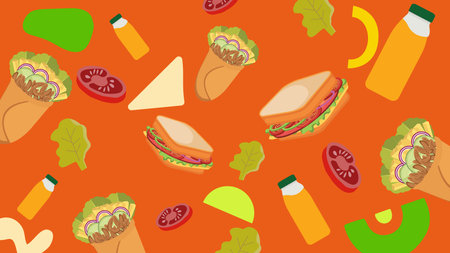 Orange backdrop with wraps, club sandwiches, veggies, and juice bottles. Energetic food-themed background with a fresh vibe.のイラスト素材