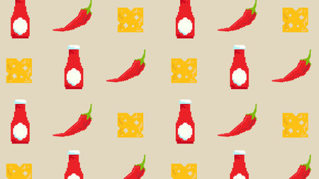 Cheeseburgers, fries, and soda bottles illustrated in pixel style over a blue grid for vintage fast food or retro diner digital designs.のイラスト素材