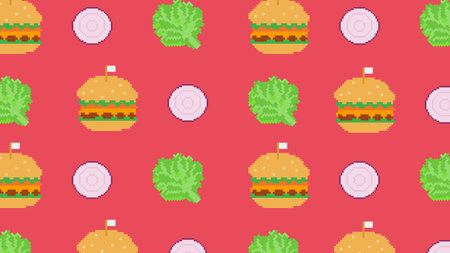 Ketchup bottles, tomatoes, and burger patties in vibrant pixel style over a mustard yellow grid, perfect for food branding and retro culinary designs.のイラスト素材
