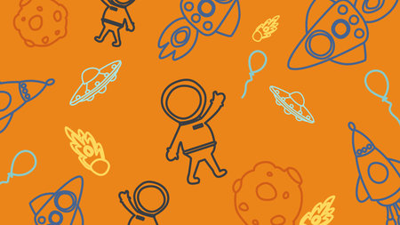 Whimsical space themed illustration featuring astronauts, rockets, planets, and stars on an orange background. Ideal for children's projects and cosmic themed designs.のイラスト素材