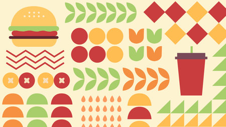 Rich brown background featuring ketchup bottle, tomato, flag icon and abstract food blocks, perfect for condiment and fast food visuals.のイラスト素材