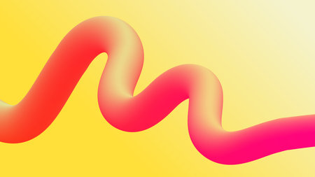 Wavy Red-Pink Ribbon on Yellow Backgroundの写真素材