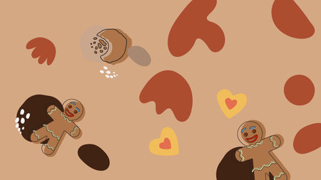 Tasty illustration of spiral rolls, broken cookies, and dark chocolate pieces on a light brown...