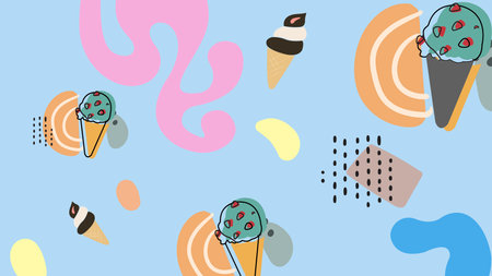 Mixed ice cream scoops in silver tubs with playful food icons on peach background. Great for product...
