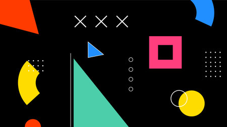 Abstract colorful triangles, squares, and circles on black. Ideal for modern design and digital visuals.の写真素材