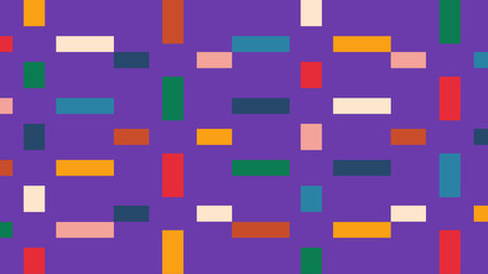 Decorative abstract illustration with short colorful bars randomly placed on a solid purple...