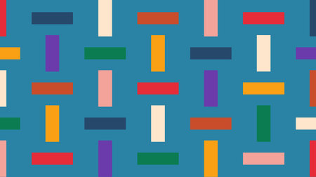 Geometric background with colorful vertical and horizontal bars on a vivid blue canvas. Dynamic and...