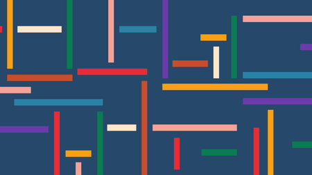 Abstract composition of colorful horizontal and vertical bars scattered across a deep navy blue...
