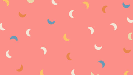 Scattered crescent shapes in pastel tones over pink background, playful and calm mood.