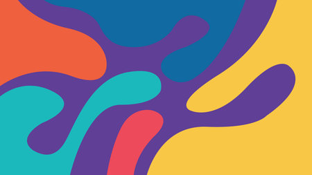 A modern composition of smooth overlapping blobs in purple, yellow, red, and blue forming a dynamic...