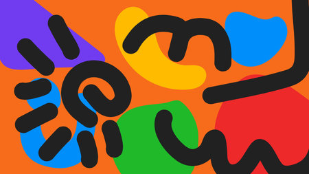Orange background with multicolored abstract shapes and thick squiggle lines in black. A fun,...