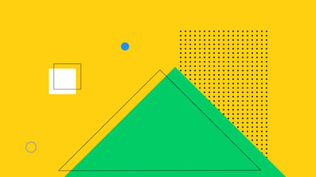 Minimal yellow backdrop with bold green triangle, black outlines, and digital dot field ideal for...