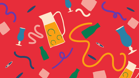 Energetic visual filled with pitchers of citrus drinks, soda bottles, glasses, and wavy lines on a red background, representing vibrant refreshment themes.の写真素材