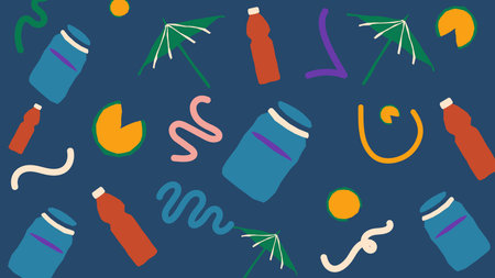 Colorful graphic design of mason jars, umbrellas, citrus slices, and wavy lines on a dark blue...
