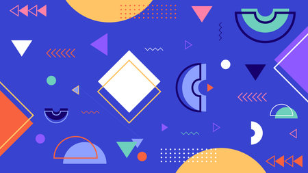 Dynamic geometric illustration with triangles, half-circles, diamonds and dots on bold electric blue...