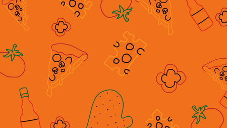 Orange pizza background featuring slices, tomato, sauce bottle, and gloves in a clean, colorful fast...