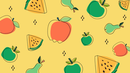 A rich yellow background with illustrated peaches, pears, and watermelon slices. A delicious and fun...