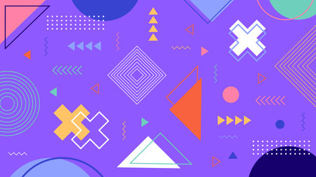 Stylish Memphis-inspired abstract design with layered triangles, diamonds, and crosses on a vibrant...