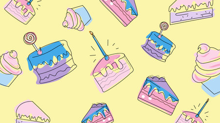 Lively pattern of colorful cakes and desserts on a yellow background. Perfect for energetic and...