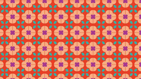 Seamless red and orange flower icons over dark purple elements, combining minimal forms with vintage...