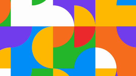 Playful composition with curved and semicircle shapes in purple, orange, yellow, red, and blue on a...