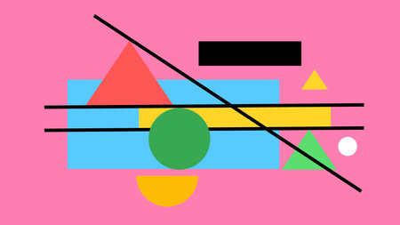 Abstract pink background featuring intersecting black lines, colorful triangles, circles, and...