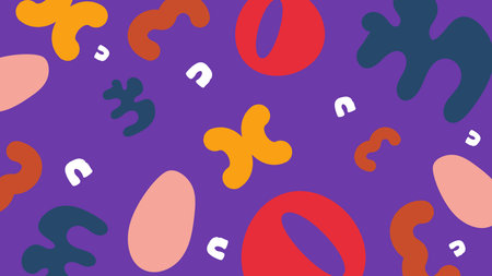 Bold abstract blobs and doodles in red, navy, orange, and pink over a vivid purple base. A modern...