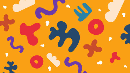 Fun abstract blobs and symbols in red, blue, cream, and purple layered over a bright orange base....